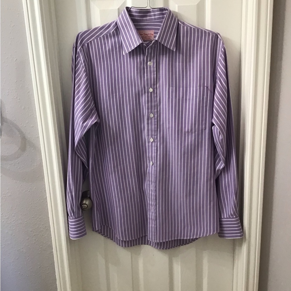 Men’s Custom Tailored Dress Shirt, lavender white stripe 17x32